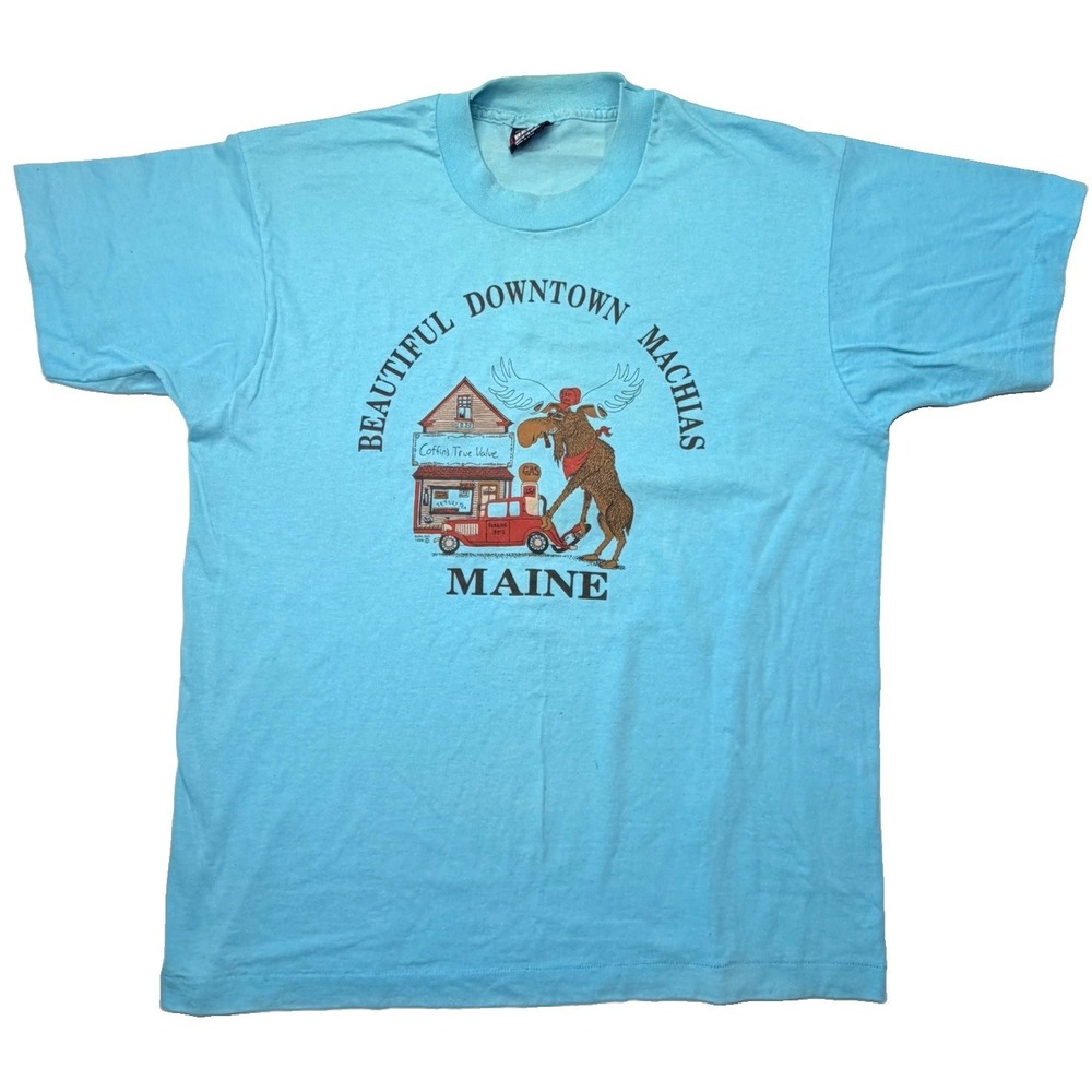Vintage 1986 Machias Maine Moose T Shirt Mens L USA Single Stitch Souvenir